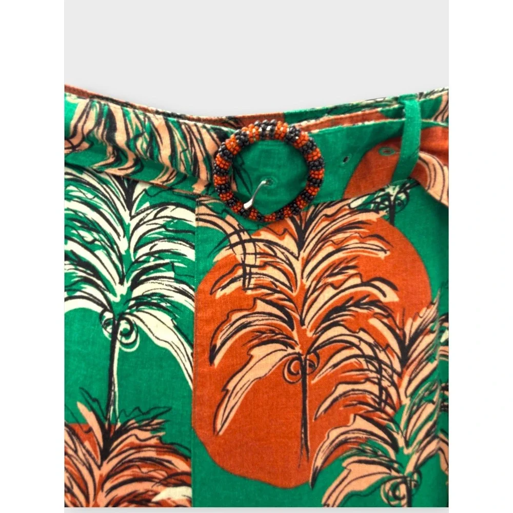 Nicole Miller Linen Pants Tropical Print Wide Leg Belted Large Resort Vacation - Picture 2 of 13